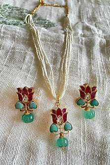 Gold Finish Kundan Polki & Pearl Long Necklace Set
