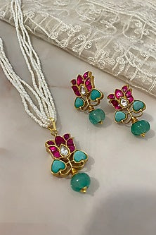 Gold Finish Kundan Polki & Pearl Long Necklace Set