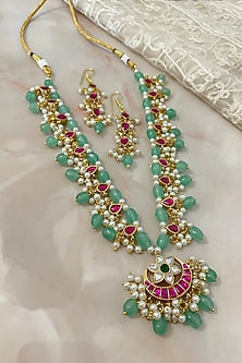 Gold Finish Pearl & Lush Green Jade Stone Long Necklace Set