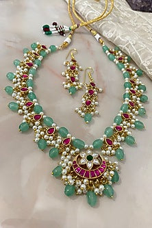 Gold Finish Pearl & Lush Green Jade Stone Long Necklace Set