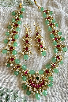 Gold Finish Pearl & Lush Green Jade Stone Long Necklace Set