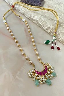 Gold Finish Kundan Polki & Peach Stone Long Necklace