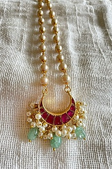 Gold Finish Kundan Polki & Peach Stone Long Necklace