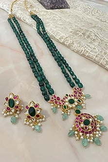 Gold Finish Kundan Polki & Emerald Green Beaded Long Necklace Set
