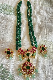 Gold Finish Kundan Polki & Emerald Green Beaded Long Necklace Set