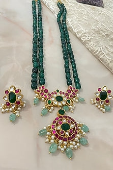 Gold Finish Kundan Polki & Emerald Green Beaded Long Necklace Set