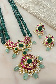 Gold Finish Kundan Polki & Emerald Green Beaded Long Necklace Set