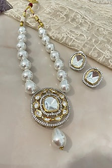 Gold Finish Pearl & Champagne Stone Long Necklace Set