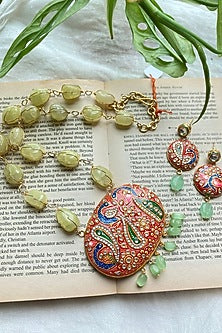 Gold Finish Jade Green Stone Long Necklace Set