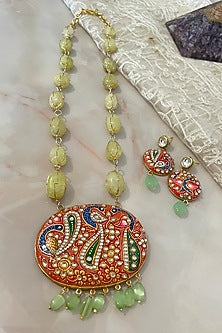 Gold Finish Jade Green Stone Long Necklace Set