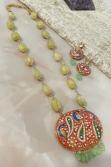 Gold Finish Jade Green Stone Long Necklace Set