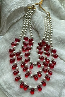 Gold Finish Pearl & Ruby Synthetic Stone Long Necklace