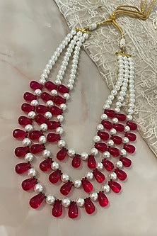 Gold Finish Pearl & Ruby Synthetic Stone Long Necklace