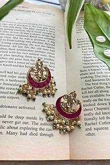 Gold Finish Kundan Polki & Miniature Pearl Chandbali Earrings