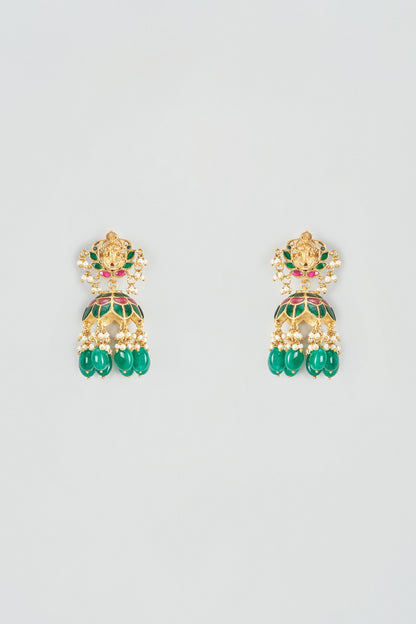 Gold Plated Kundan & Emerald Jhumka Earrings