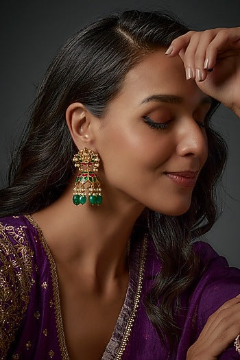 Gold Plated Kundan & Emerald Jhumka Earrings