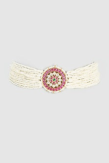 Gold Plated Pearl & Ruby Stone Choker Necklace