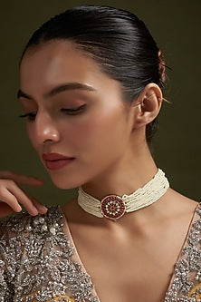 Gold Plated Pearl & Ruby Stone Choker Necklace