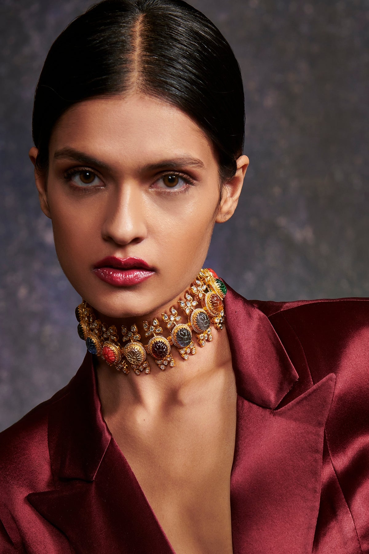 Gold Finish Synthetic Stone Choker Necklace