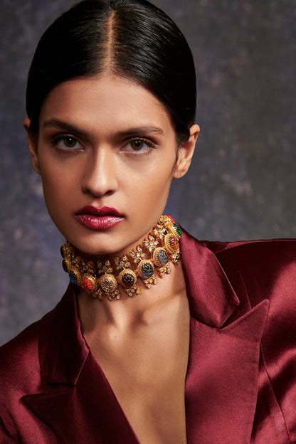Gold Finish Synthetic Stone Choker Necklace