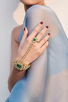 Gold Finish Synthetic Stone Hathphools (Set of 2)