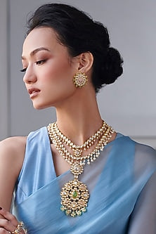 Gold Finish Synthetic Stone Long Necklace Set