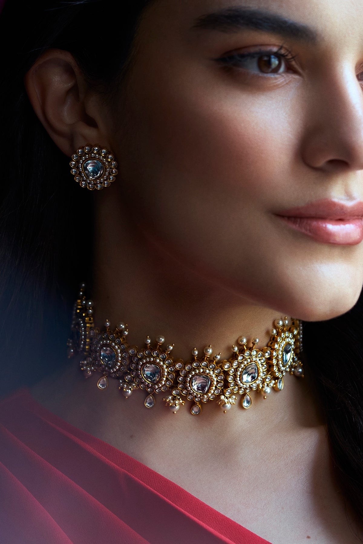 Gold Finish Synthetic Stone Choker Necklace