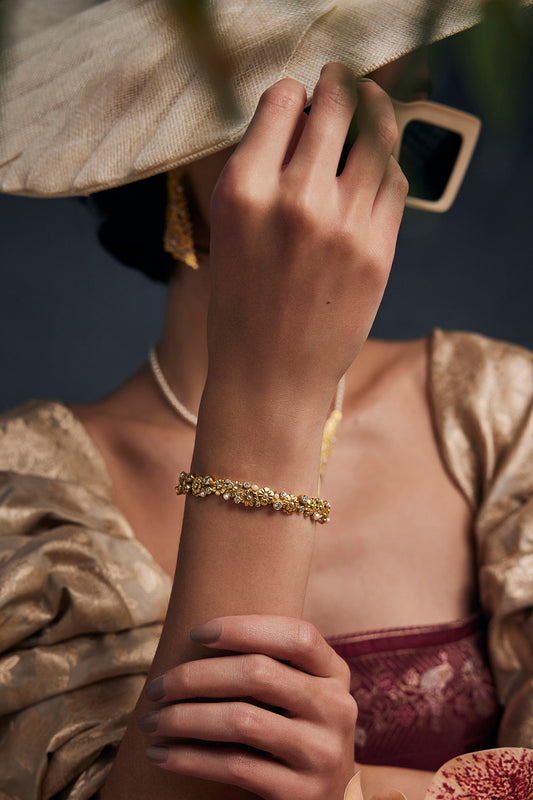 Gold Plated Semi-Precious Stone & Floral Motif Opaline Bangle