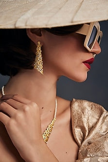 Gold Plated Floral Motif & Pearl Opaline Pair Of Dangler Earrings