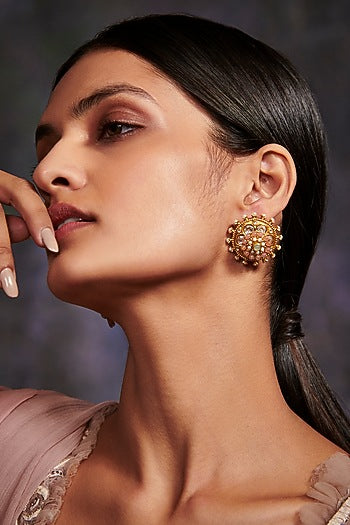 Gold Plated 5 Carat Pink Stone Pair of Stud Earrings