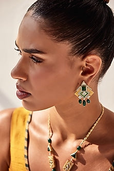 Gold Plated 25 Carat Regal Moss Stone Enameled Pair Of Dangler Earrings