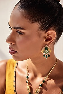 Gold Plated 25 Carat Regal Moss Stone Enameled Pair Of Dangler Earrings