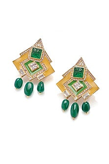 Gold Plated 25 Carat Regal Moss Stone Enameled Pair Of Dangler Earrings