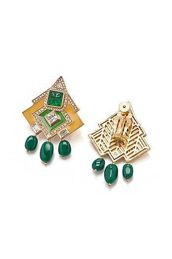 Gold Plated 25 Carat Regal Moss Stone Enameled Pair Of Dangler Earrings