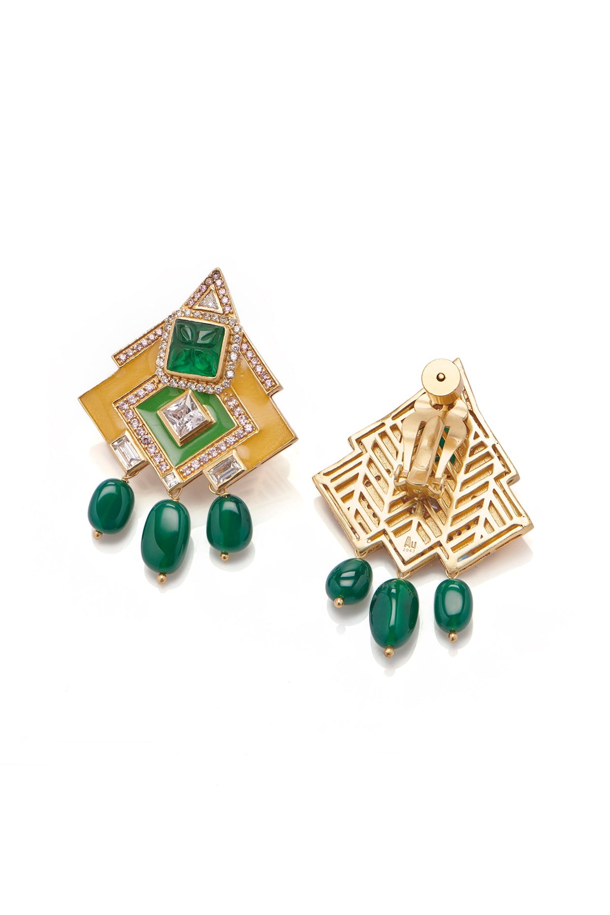 Gold Plated 25 Carat Regal Moss Stone Enameled Pair Of Dangler Earrings