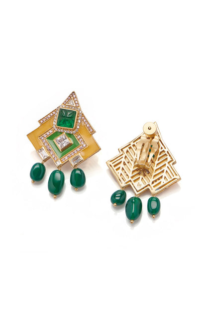 Gold Plated 25 Carat Regal Moss Stone Enameled Pair Of Dangler Earrings