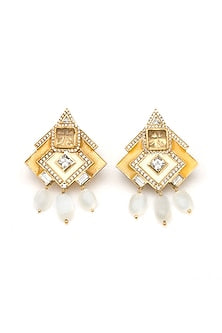 Gold Plated Morning Star & Ornate Ivory Enameled Dangler Earrings