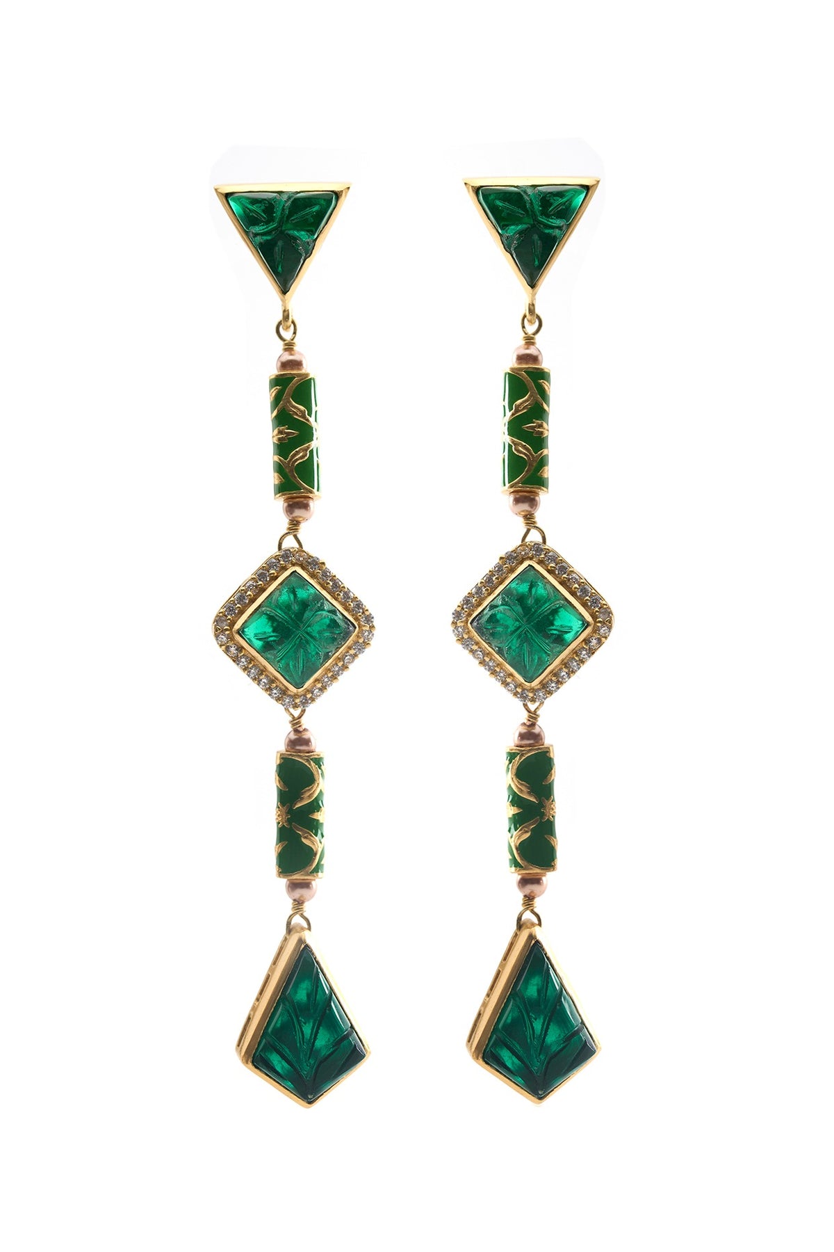 Gold Plated Morning Star & Regal Moss Stone Enameled Dangler Earrings