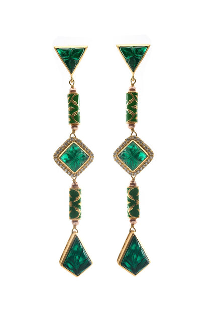 Gold Plated Morning Star & Regal Moss Stone Enameled Dangler Earrings
