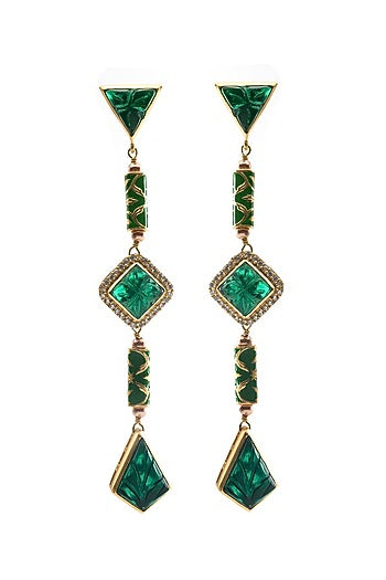 Gold Plated Morning Star & Regal Moss Stone Enameled Dangler Earrings
