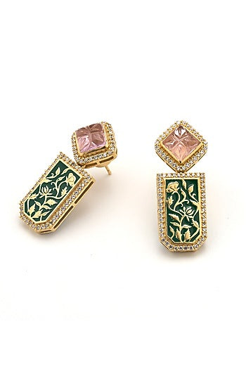 Gold Plated Vintage Blush Stone Enameled Dangler Earrings