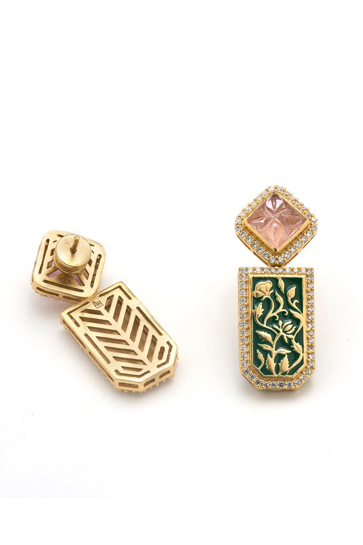 Gold Plated Vintage Blush Stone Enameled Dangler Earrings