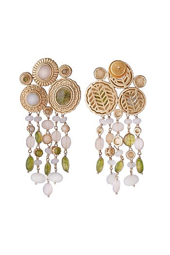 Gold Plated Aquamarine & Green Jade Dangler Earrings