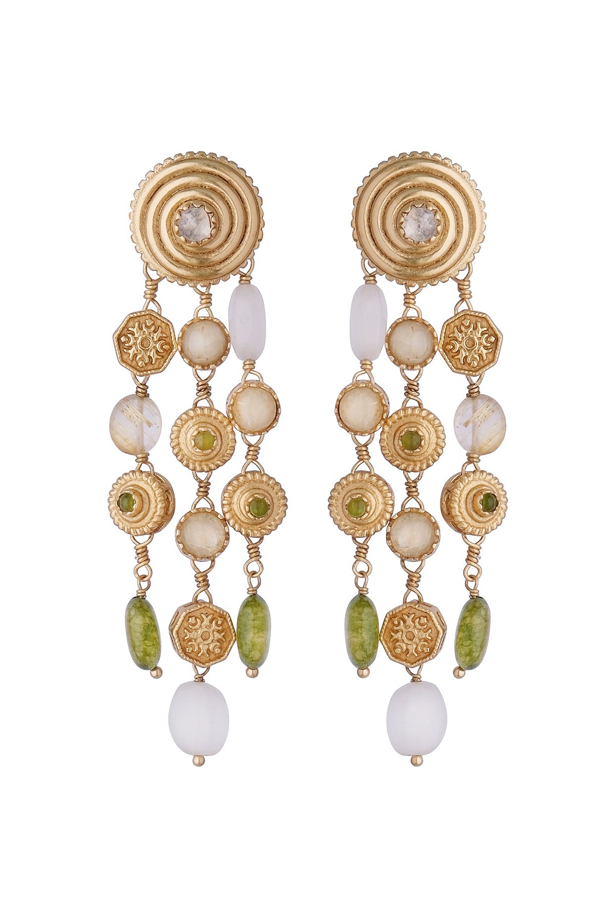 Gold Plated Green Jade & Rutile Dangler Earrings