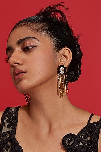 Gold Plated Enameled Fringe Dangler Earrings