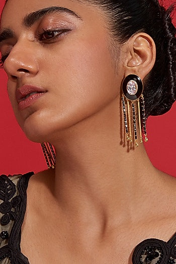 Gold Plated Enameled Fringe Dangler Earrings