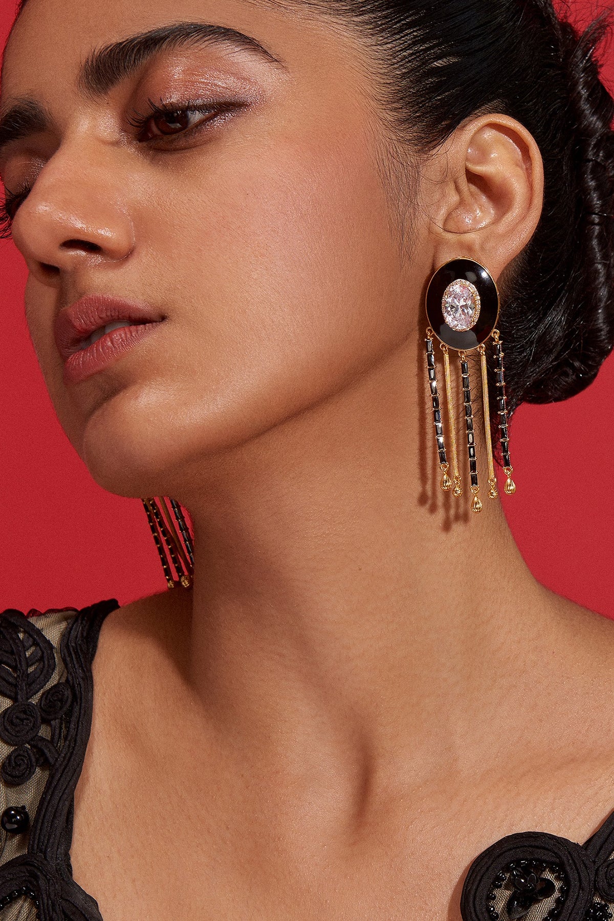 Gold Plated Enameled Fringe Dangler Earrings