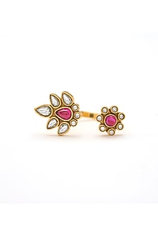Gold Plated Lush Crimson Stone Floral Ring