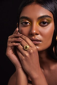 Gold Plated Green Jade Stone & Carved Gold Stone Disc Ring