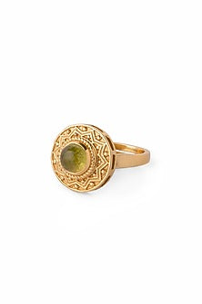 Gold Plated Green Jade Stone & Carved Gold Stone Disc Ring